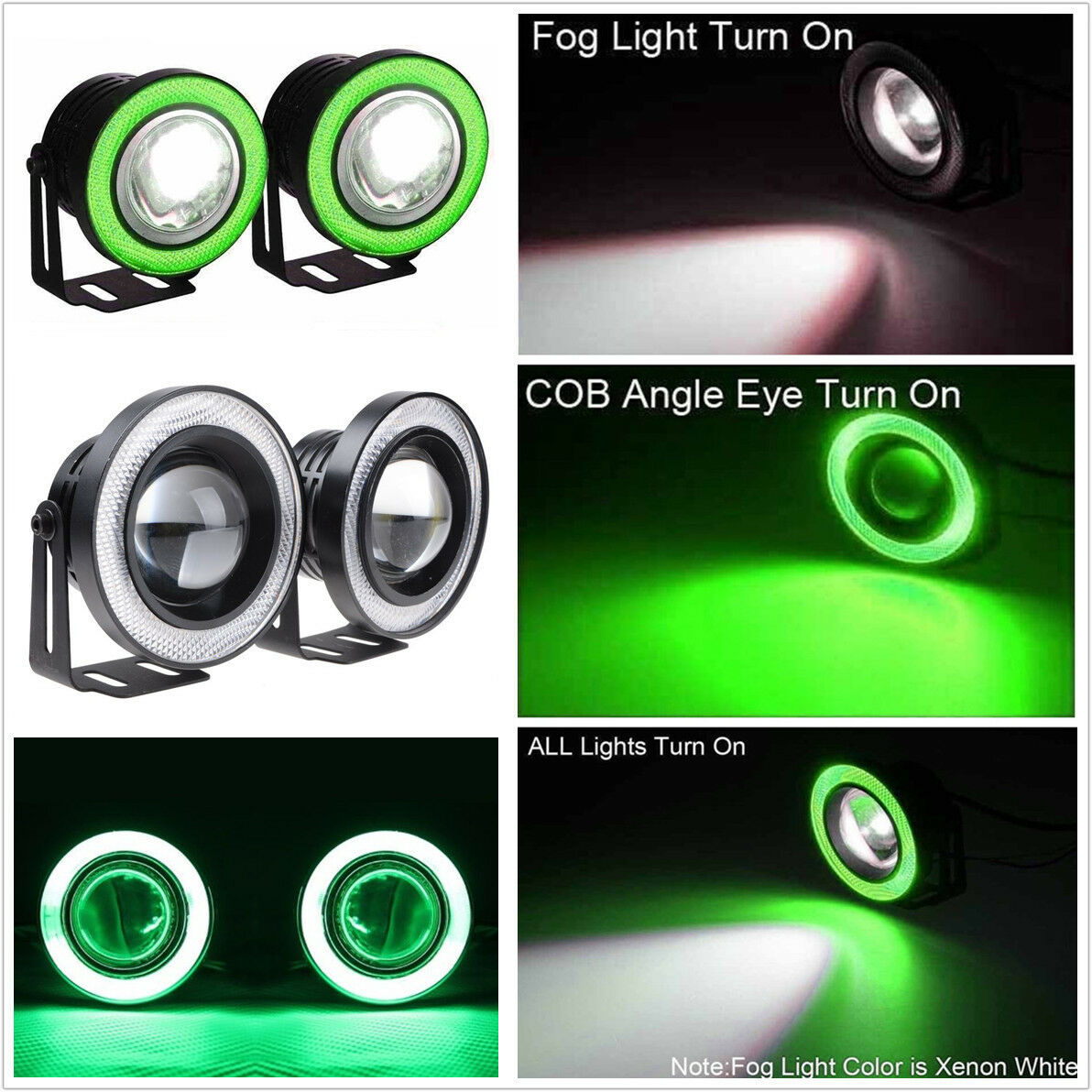 Car 2.5" Angel Eye COB Green Halo Ring LED Projector Driving Fog Light Work Lamp