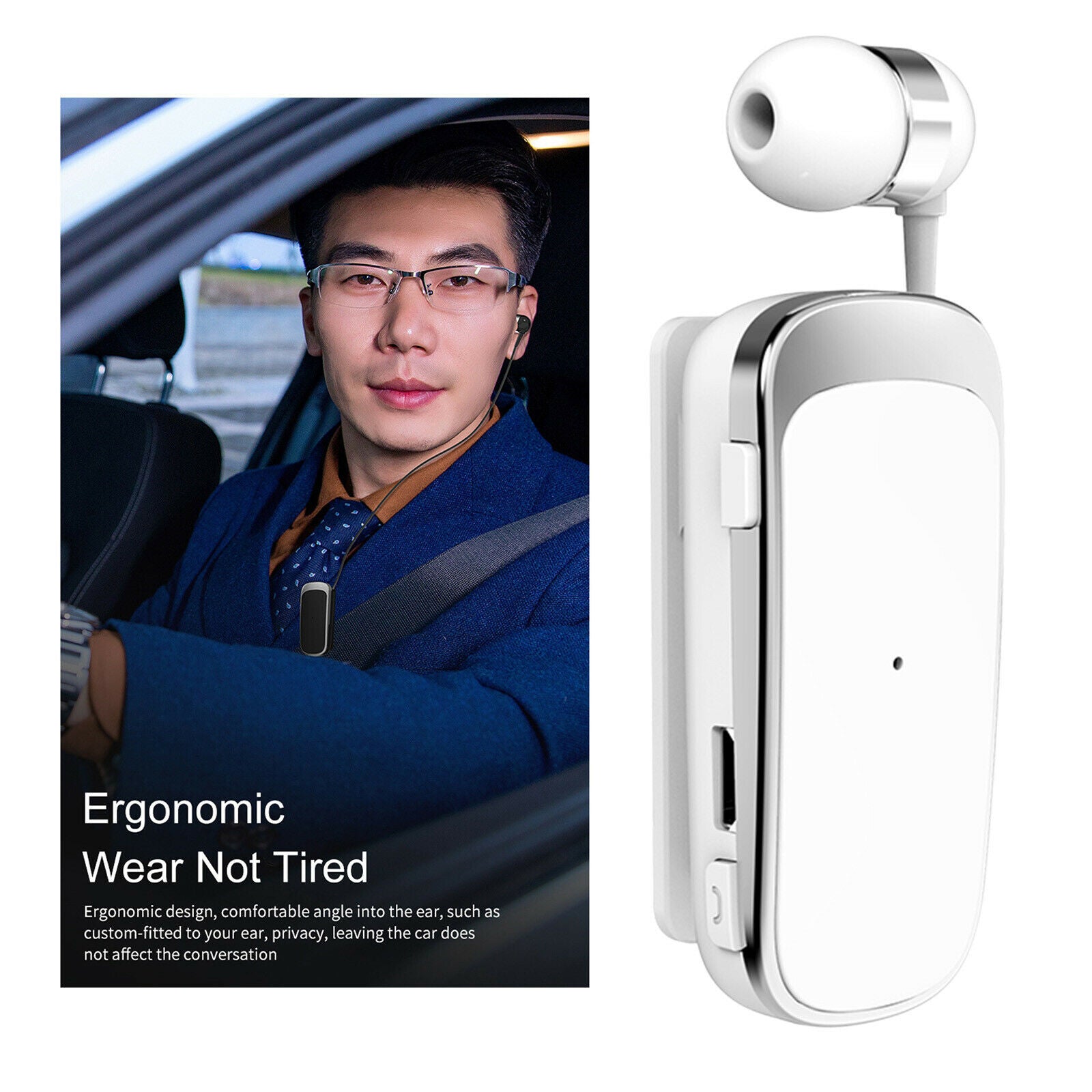 Bluetooth Headset Stereo Collar Clip Earphone Handsfree White with box
