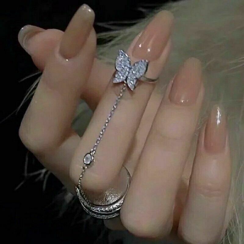 Women 925Silver Butterfly Zircon Ring Adjustable Chain Open Ring Party Jewelry.