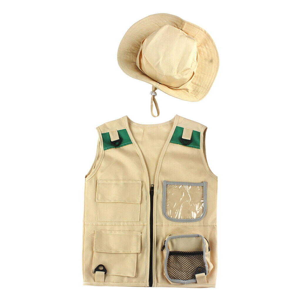 Cargo Vest & Hat for Boys Girls Hiking Outdoor Explorer Set Party Unisex