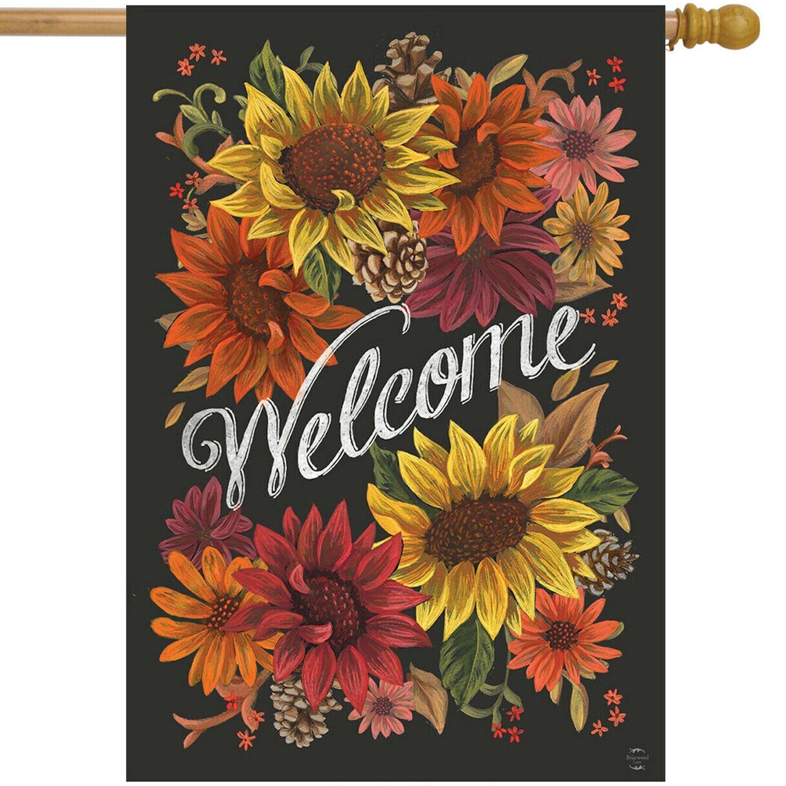 Fall Flowers Welcome Primitive House Flag Sunflowers Pinecones 28" x 40"