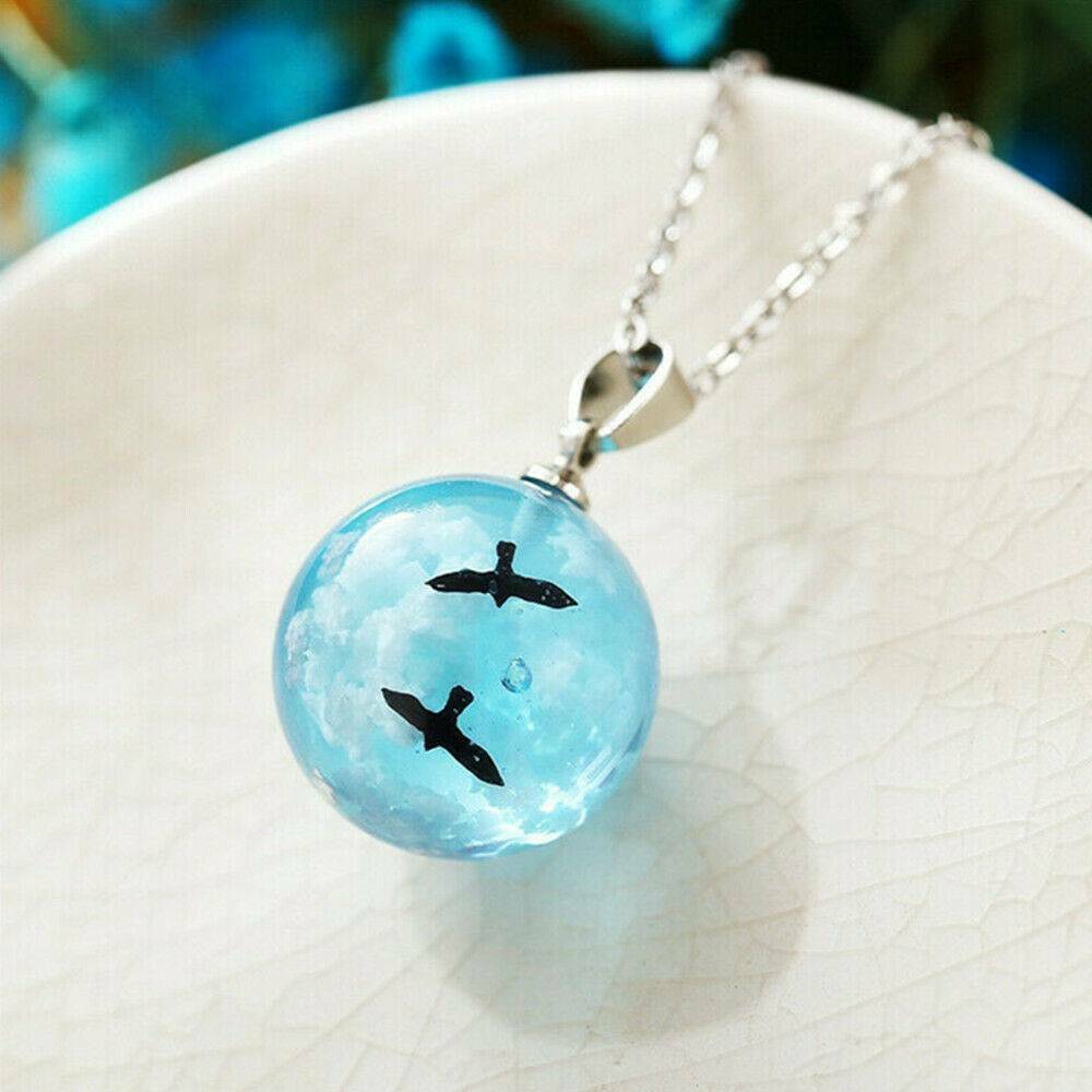 White Clouds Blue Sky Birds Glass Ball Pendant Necklace Terrarium Fashion Gifts.