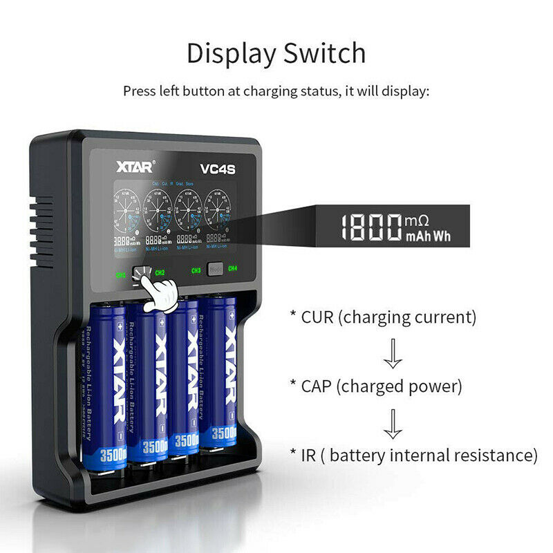 For XTAR VC4S 4-slots LCD Fast Charger for for 18650 Ni-MH Battery w USB Cable