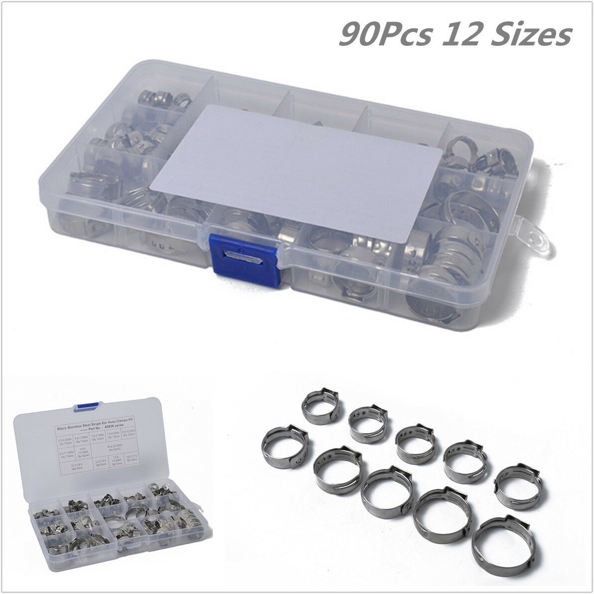 90Pcs 12 Sizes Stainless Steel Single Ear Hydraulic Fuel Air Hose Clamps O Clips