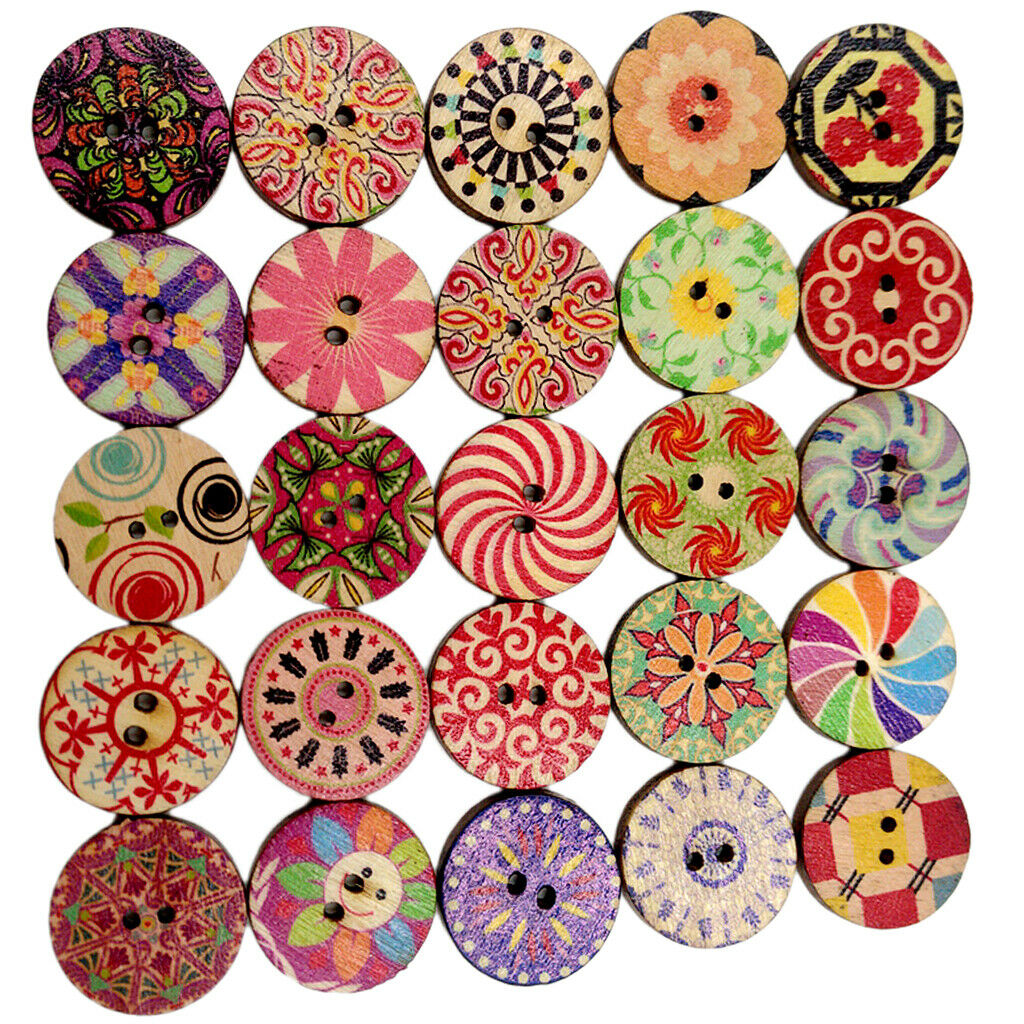 Prettyia 100x 20mm Wooden Buttons Mixed Designs Craft Scrapbook Sew Cards