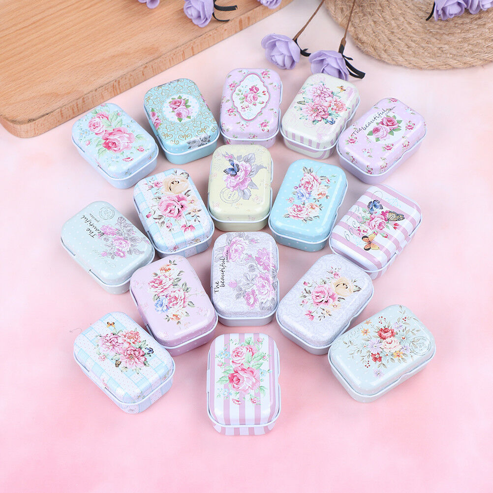 Mini flower tin trinket jewelry coin box tinplate storage case small recta.l8