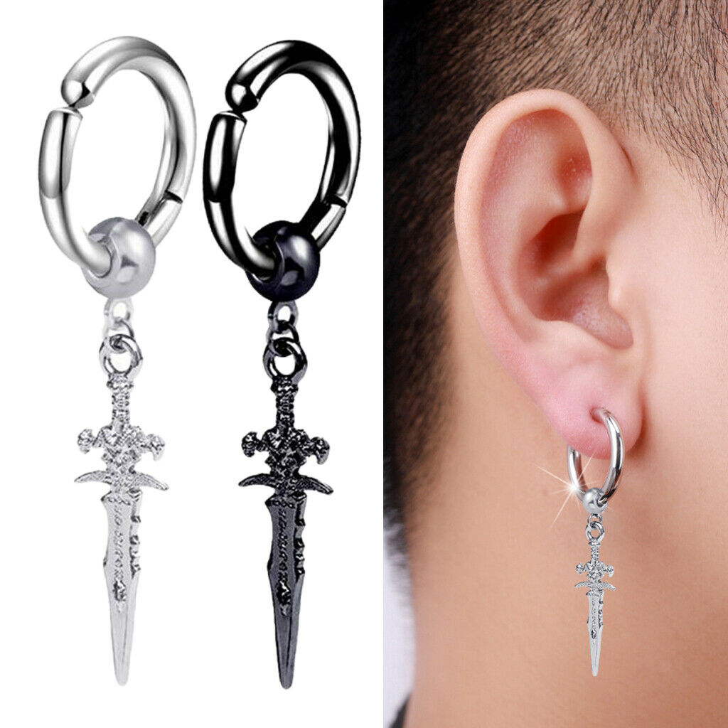 2x Stainless Steel Modern Long Dangle Earring Earclip Huggie Hoop Male