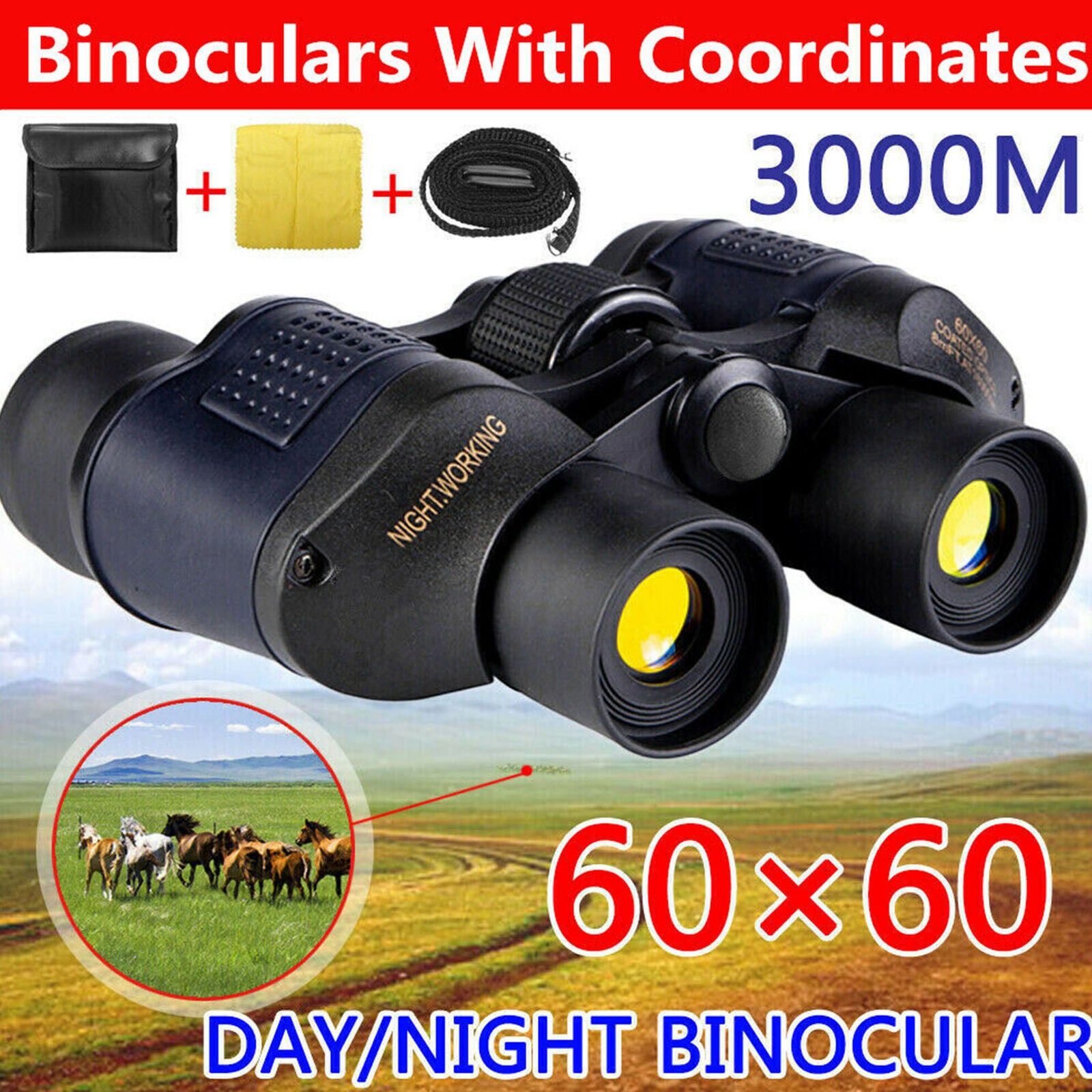 Day/Night 60x60 5-3000M Military Army Zoom Ultra HD Binoculars Optics Hunting