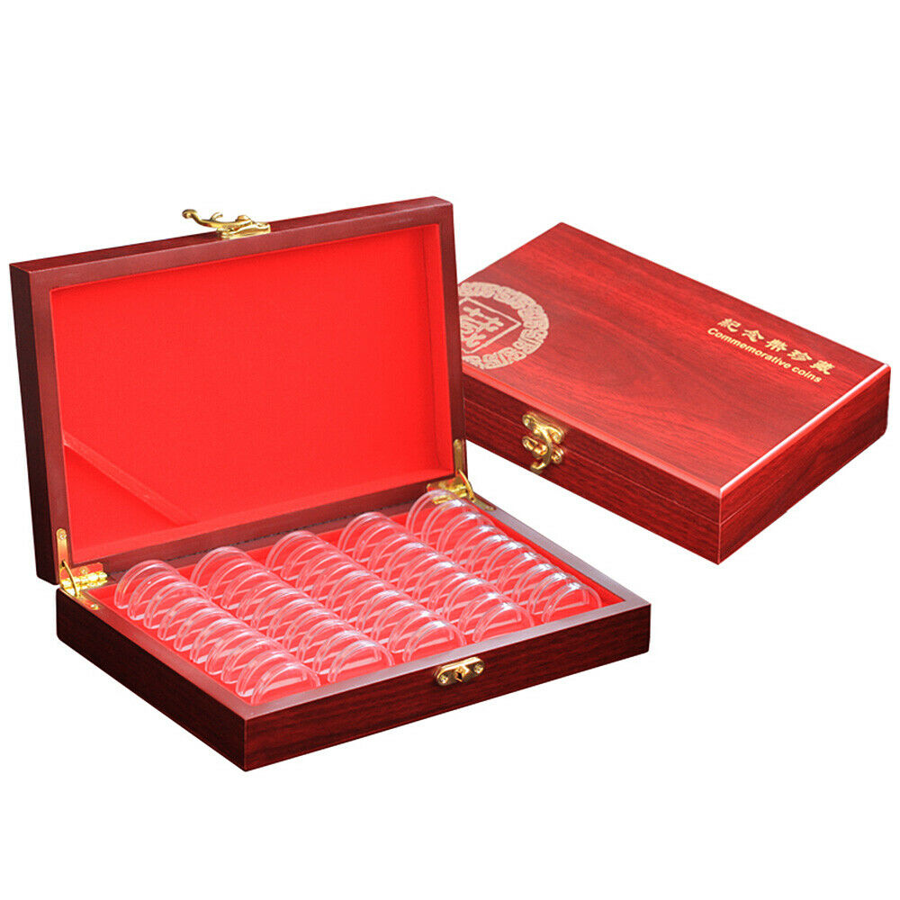 50Pc 30mm Coin Round Case with Adjustable Inner Pad + Storage Wooden Box Collect