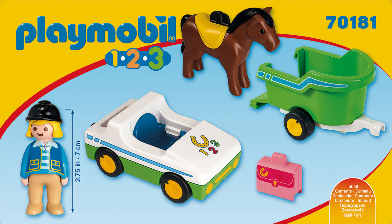 70181 Playmobil 1.2.3 Car with Horse Trailer Suitable for ages 1.5 years and up.