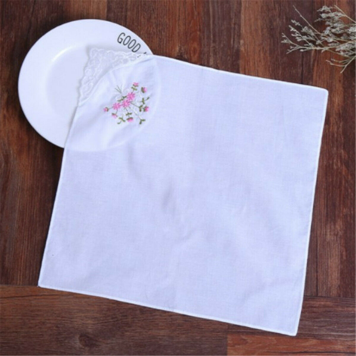 Cotton Embroidered Handkerchief With White Lace Corner Embroidery Handkerchief