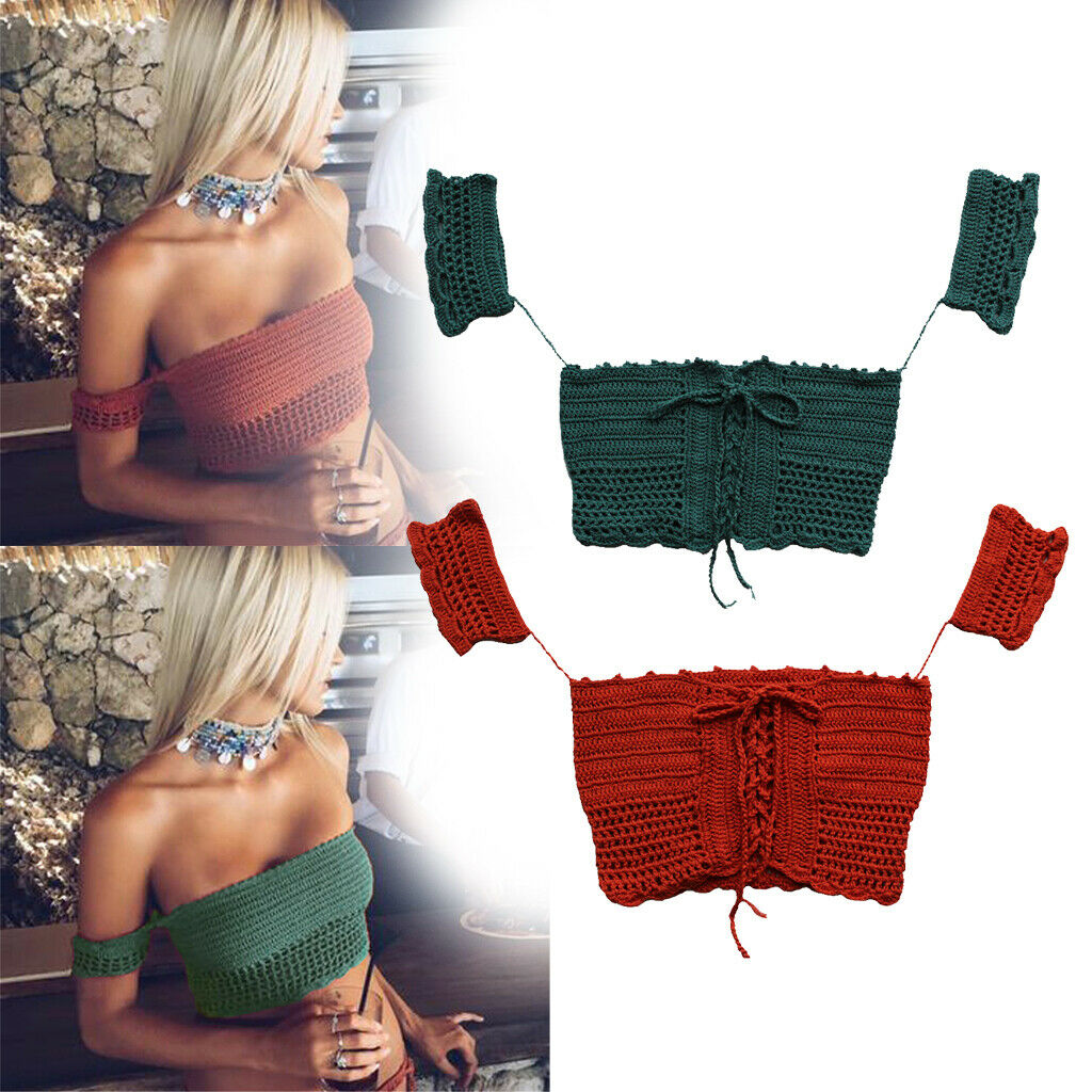 Women's Bandage Crochet Lace Knit Boho Beach Bikini Swimwear Crop Tops Red