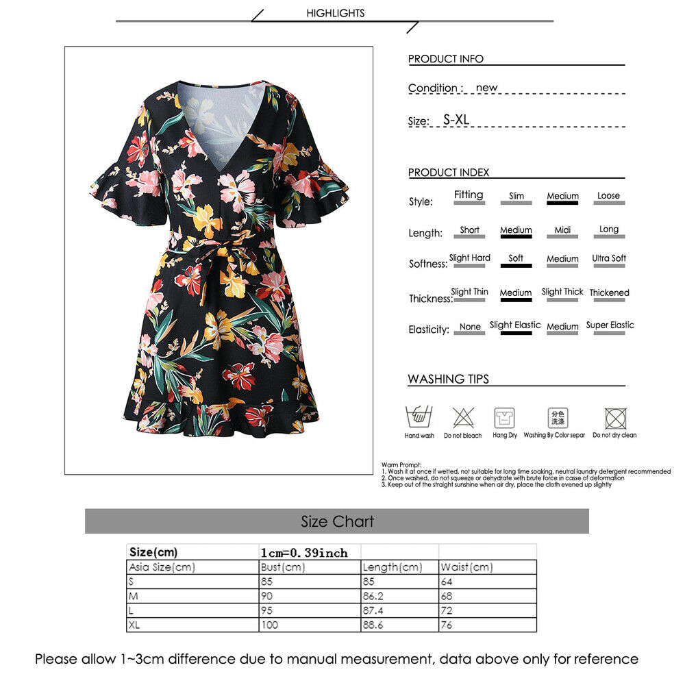 Women Summer Casual Short Sleeve Floral Evening Party Cocktail Beach Mini Dress