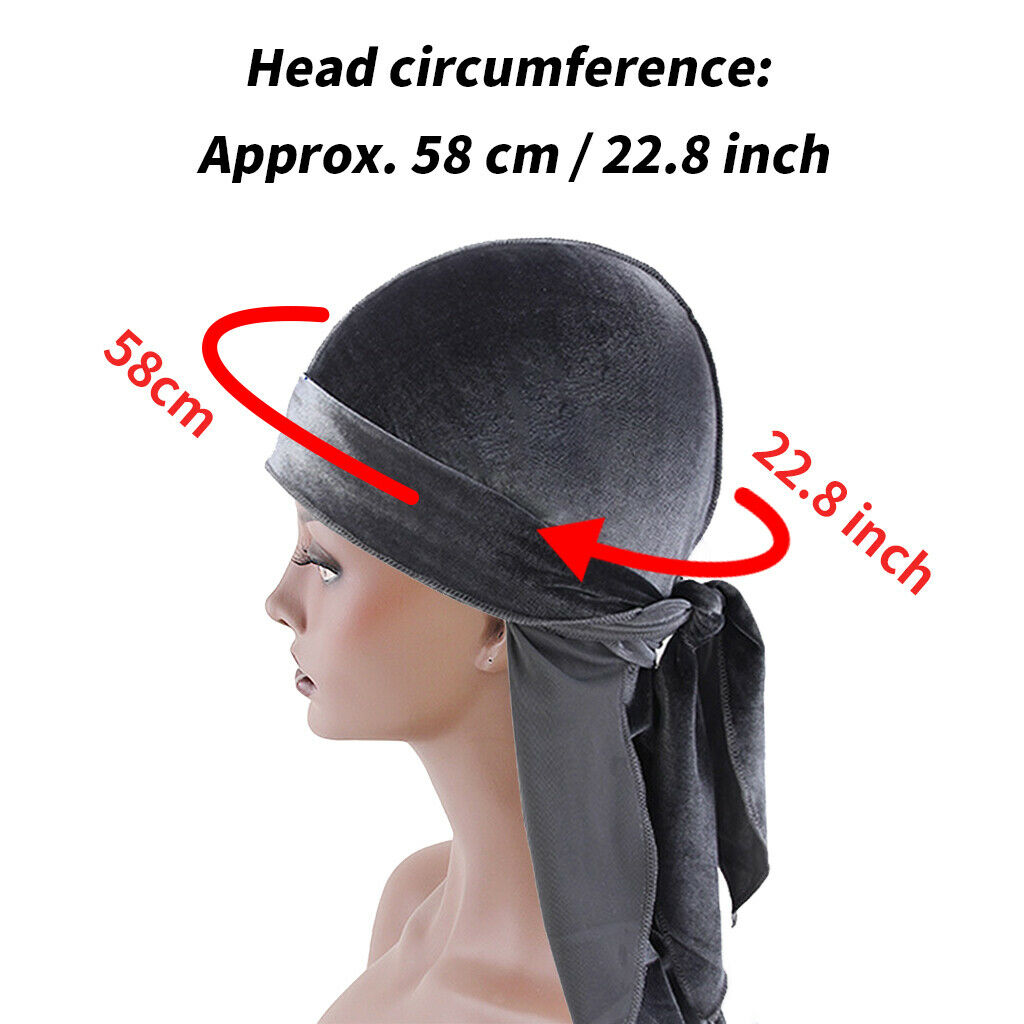 2X Women Mens Velvet Bandana Hat Durag Long-Tail Headwear Beanie Chemo Hat Gray