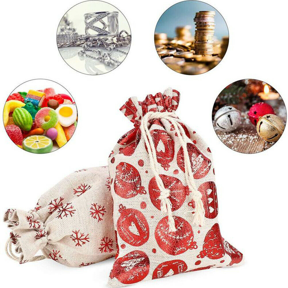 24pcs/set Christmas Drawstring Bags Linen Hanging Burlap Candy Gifts Bags @