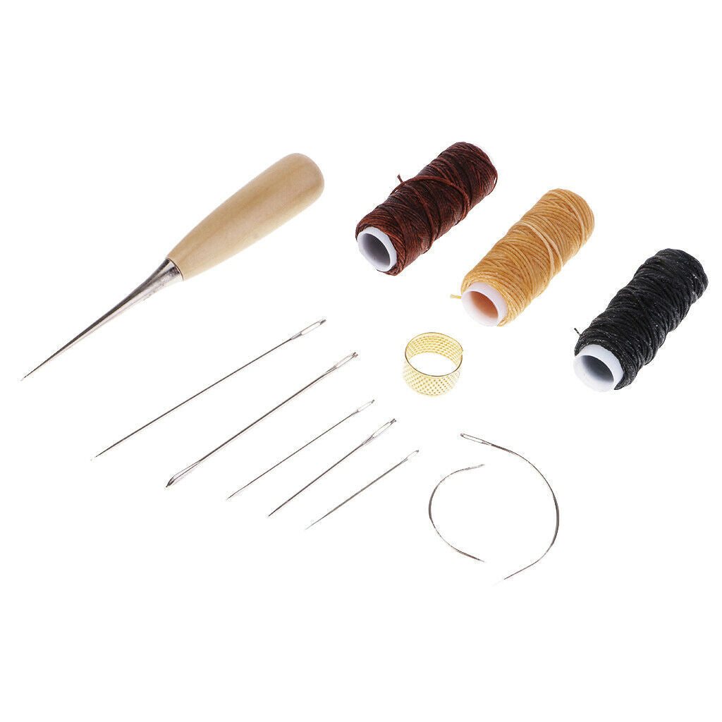 12 Pieces Basic Hand Sewing Leathercraft Set Curved Needles Waxed Thread
