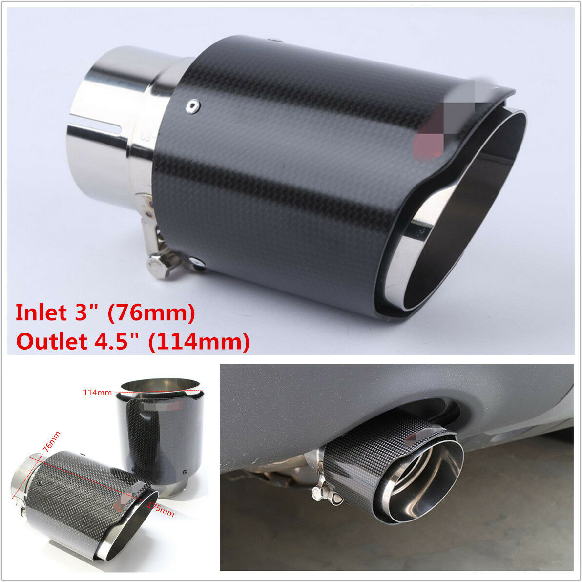 3" 76mm Inlet Real Carbon Fiber Stainless Steel Car SUV Exhaust Muffler Pipe Tip