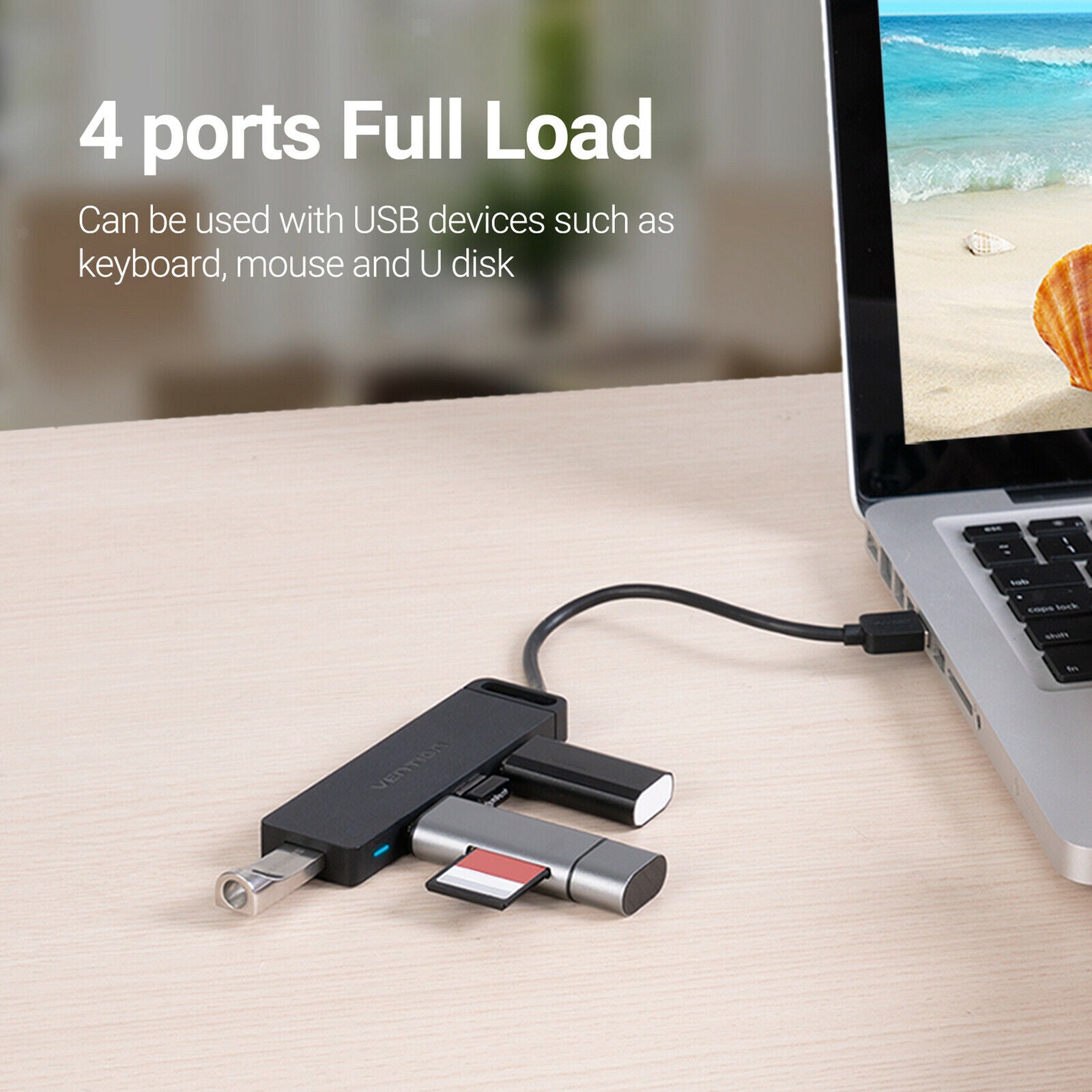 Mini ABS Shell USB HUB 2.0 4 Port Splitter Adapter Black 1m Cable
