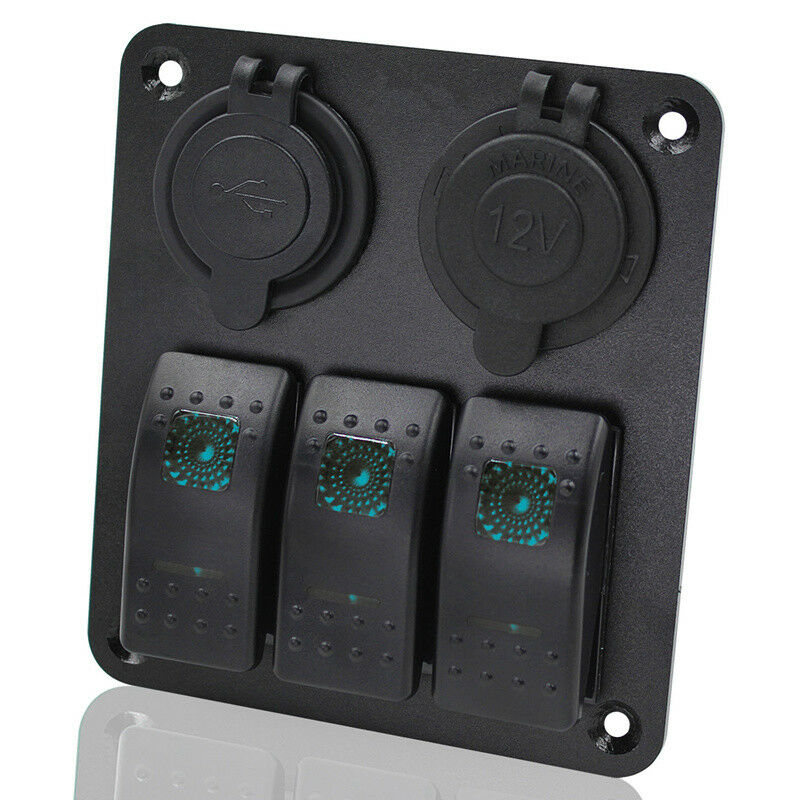 3-Gang Waterproof Car Marine Circuit Green LED Rocker Switch Panel Breaker IP67