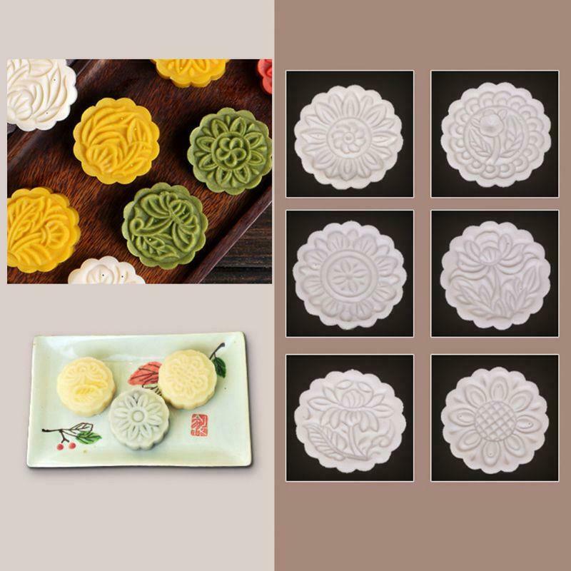DIY 150g Mooncake Barrel Mold  6pcs Flower Stamps Hand Press Moon Cake Pastry
