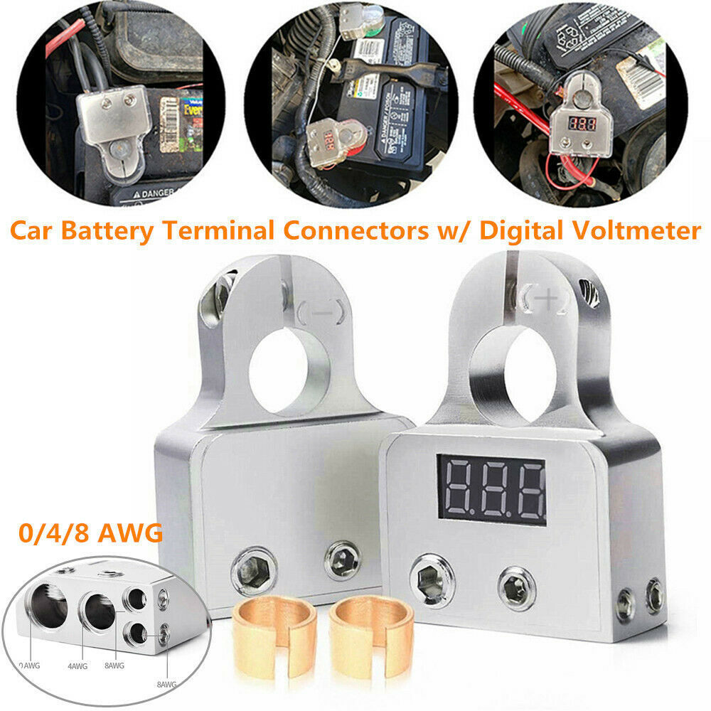 2x Digital Voltmeter Car Battery Terminal Connectors +- 0/4/8 AWG Power Post Kit