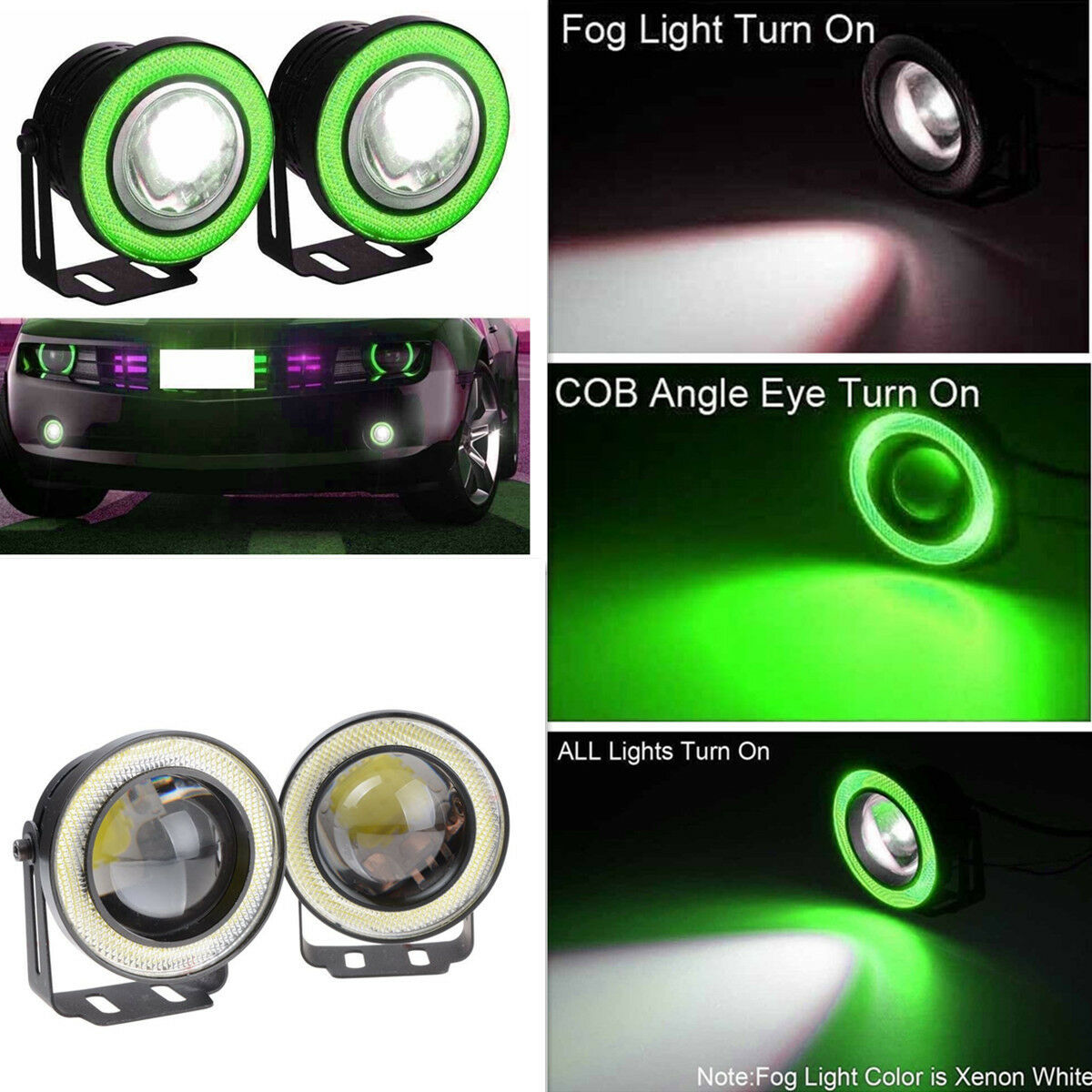 Car SUV Angel Eye Green COB Halo Ring Projector LED DRL Lamp Daytime Fog Lights