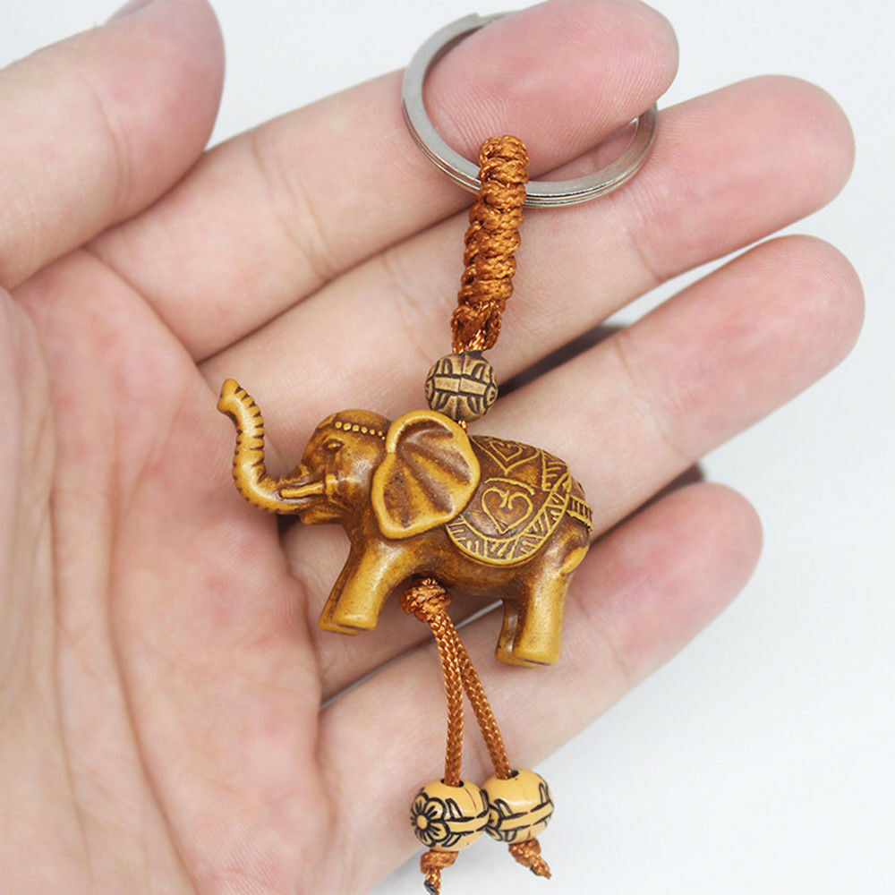 Handmade UNIQUE Lucky Elephant Carving Wooden Pendant Keychain Key Ring Gift