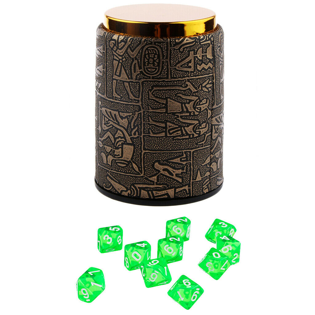 10 Green Ten Sided Pieces of D10 Dice with Dice Cup for D & D Trpg