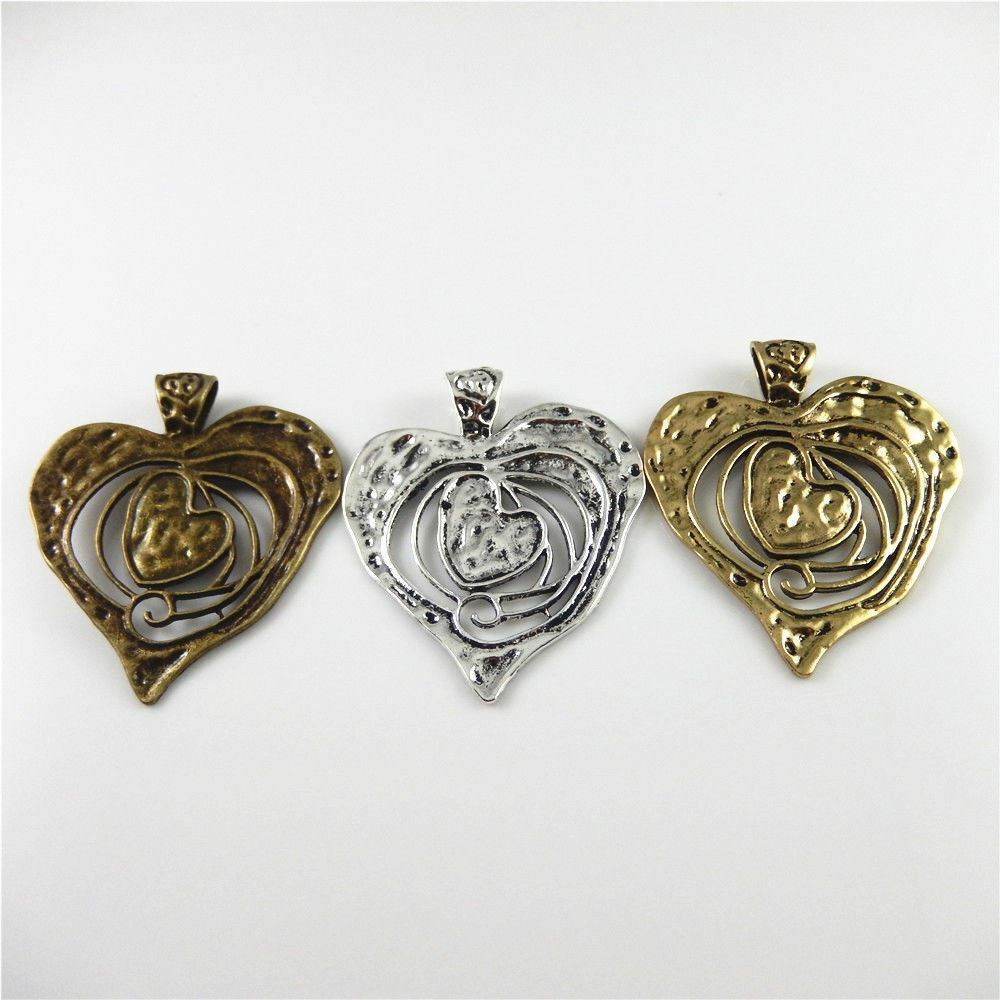 Lot of 3 Retro Metal Big Heart Pendant Charm Drop Dangle Alloy For Craft 70*64mm