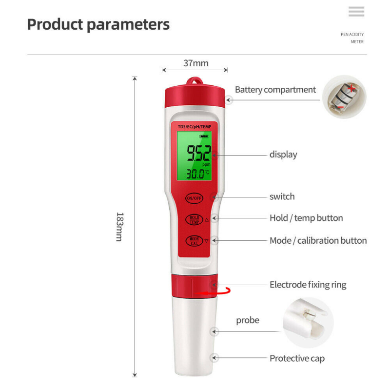 4-In-1 Purity Pen 0.00ï½ž14.00Phtds/ec/ph/temp Meter Digital Water Quality Tester