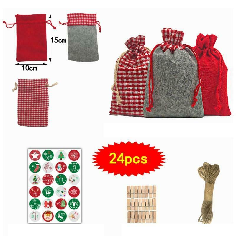 2021 Red Christmas Advent Calendar 24 Days Hanging Drawstring Candy Bags DIY