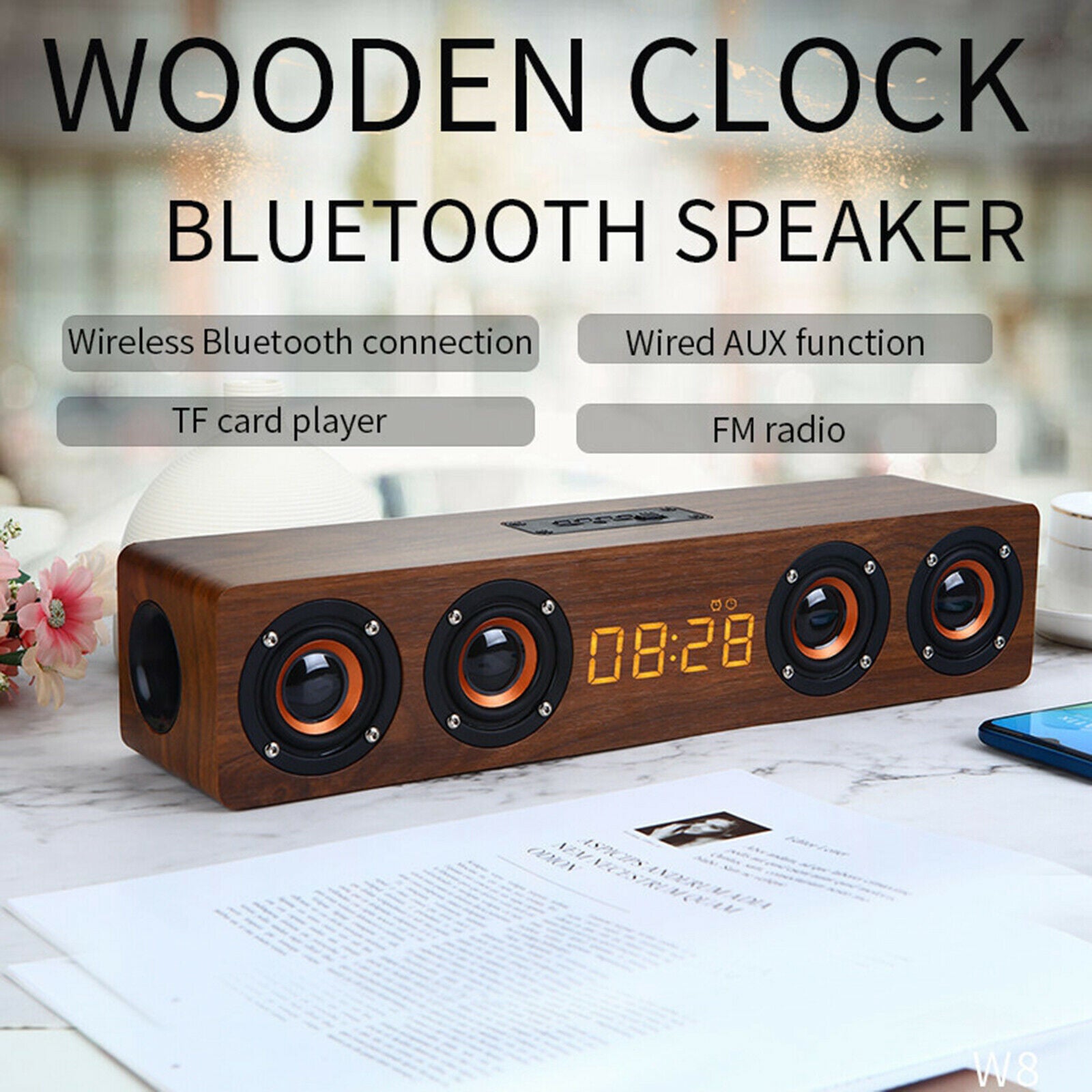 Bluetooth 12w Wooden Soundbar Retro Long Bar 4 Speakers for Home Office English