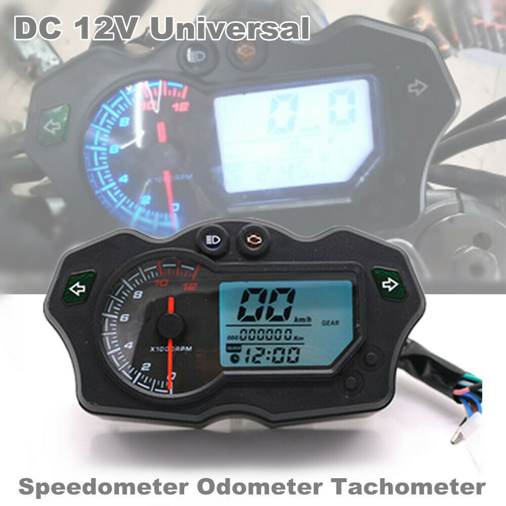 12000RPM 12V Motorcycle 7Color Backlight LCD Digital Speedometer Tacho Odo Gauge