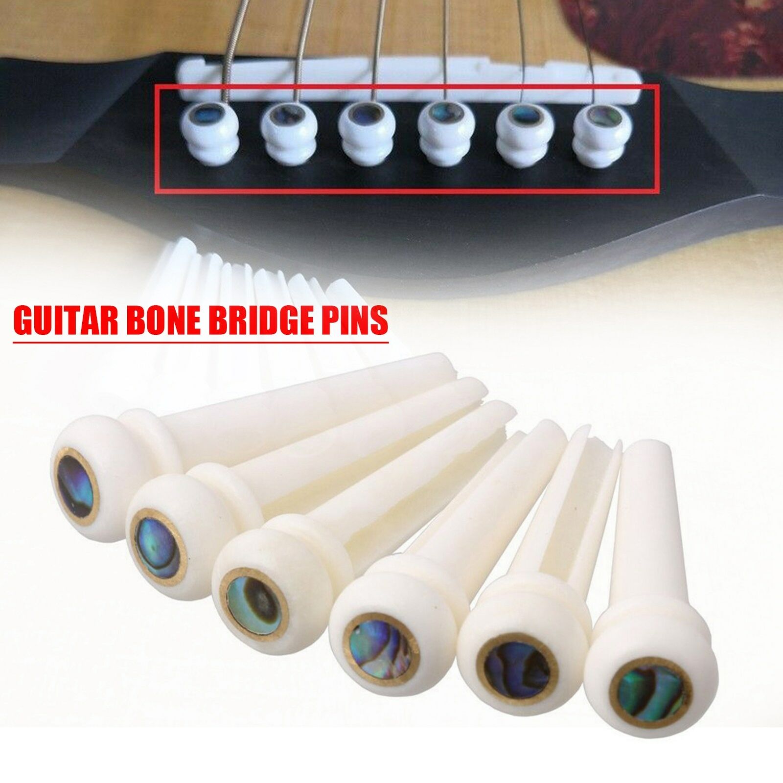 1 Set Acoustic Guitar Bone Bridge Pins w/ Abalone Dot Brass Circle Skirt