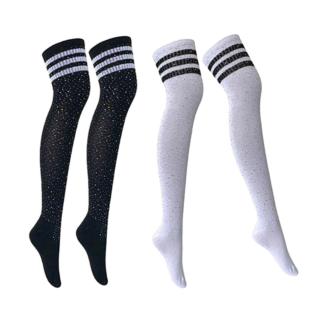 2Pairs Cotton Stripes Rhinestone Over Knee High Socks Casual Party Stockings