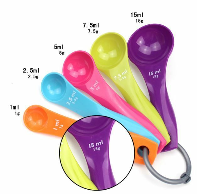 High Quality 5 Pcs Colorful PLASTIC MEASURING SPOONS Set Kitchen Cooking Baking