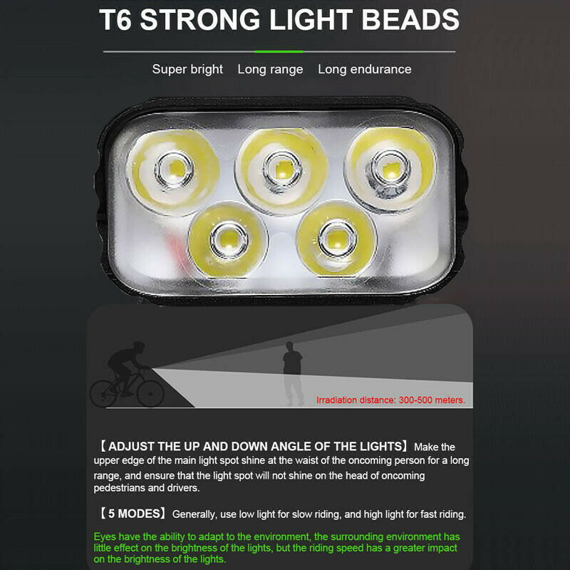 5x T6 LED Bicycle Headlight 5200mAh 3000LM Rechargeable Waterproof Cycling Light