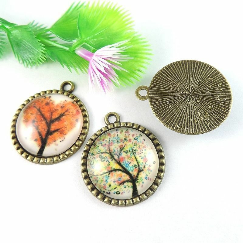 8 pcs Mix Antiqued Bronze Bezel Tree Image Epoxy Pendant Charm Alloy 35*30*7mm