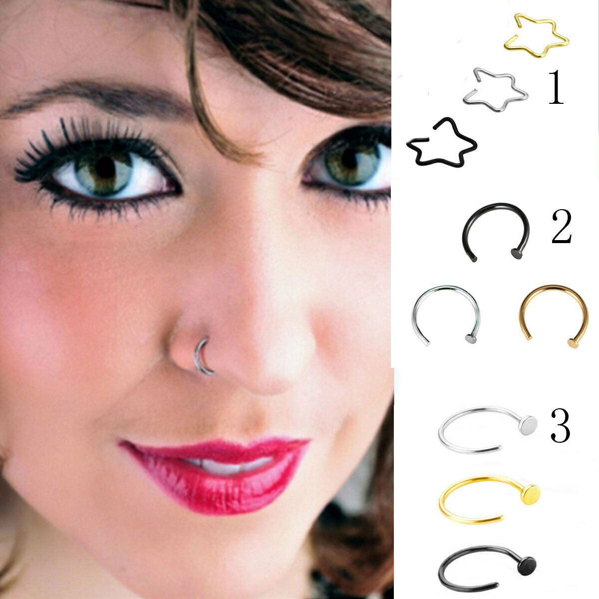 3pcs Stainless Steel Eyebrow Tongue Lip Nose Ring Stud Hoop Body Piercing