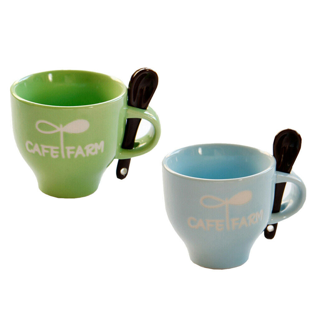 Set of 2, Mini Ceramic Coffee Mugs Espresso Cups w/ Spoon 4oz Green Blue