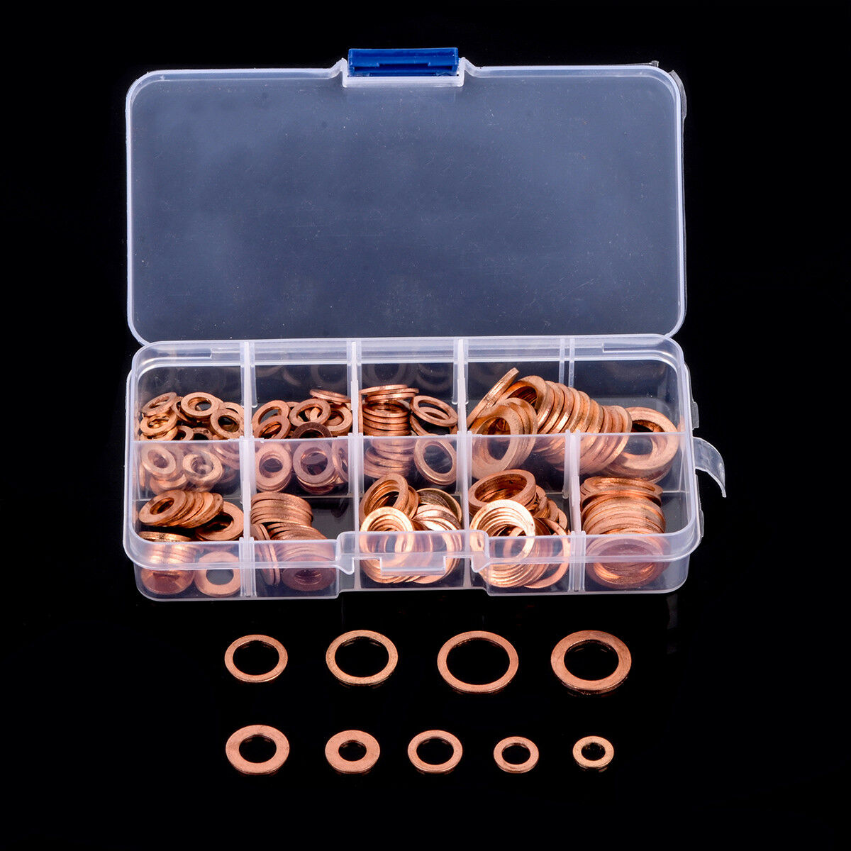 M5-M14 Copper Washer Gasket Nut Set Flat Ring Seal Assortment Kit Box 200pcs