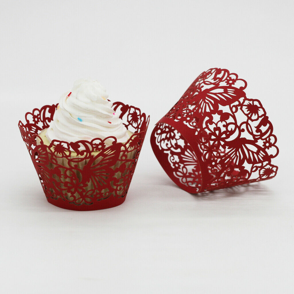 50x Pearly Paper Butterfly Lace Cup Cake Wrappers Wedding Party Decor Red