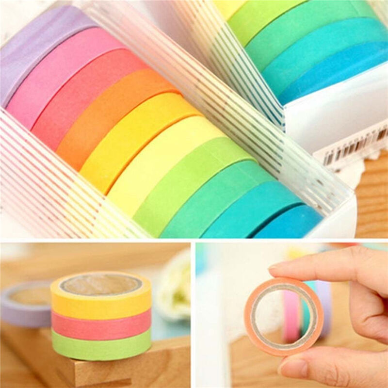 Pack of 10 Rolls Paper Masking Tape Rainbow Colours Sticky Adhesive SR kwC Qx