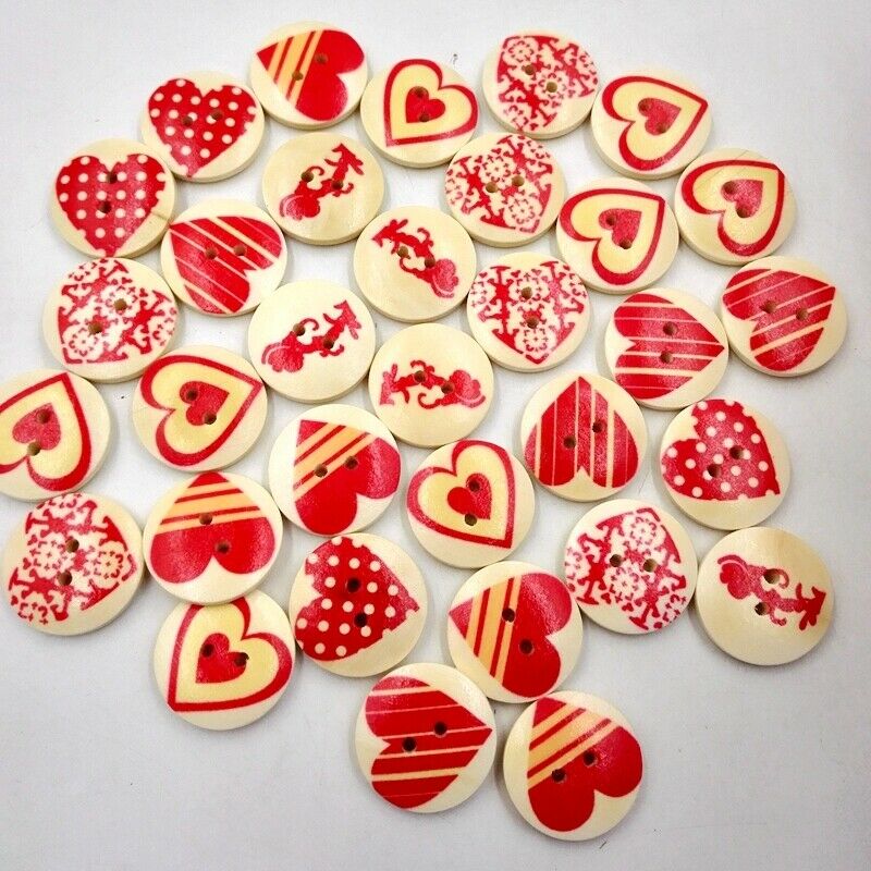 50 Round Heart Pattern Wood 2 Holes Buttons Cardmaking Decor Embellishments