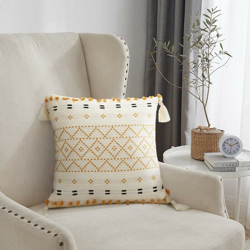 Boho Throw Pillow Covers, 18 x 18 Inch Natural Cotton Hand-Woven Tufted DecoV4T3