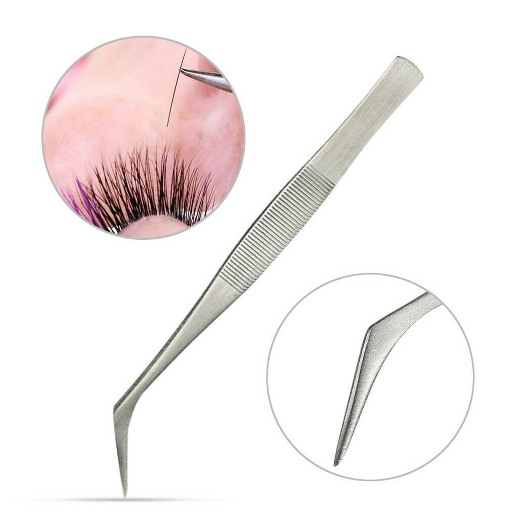2Pcs Eyelash Tweezers Curved Flat Clip Extension False Lash Applicator Clamp Set