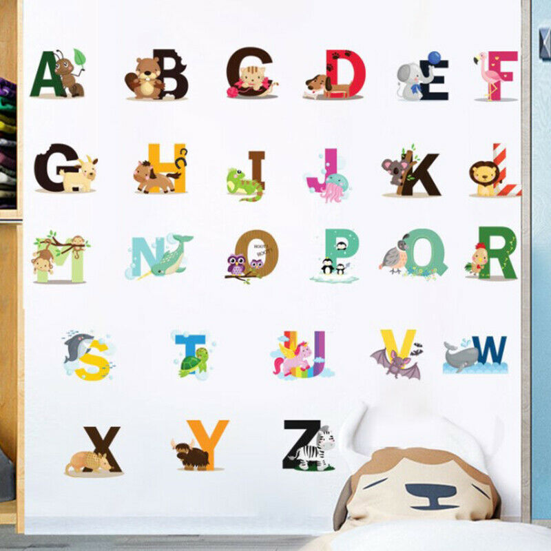 Cartoon Jungle Wild 26 Letters Alphabet Animals Wall Stickers for Kids Ro.l8