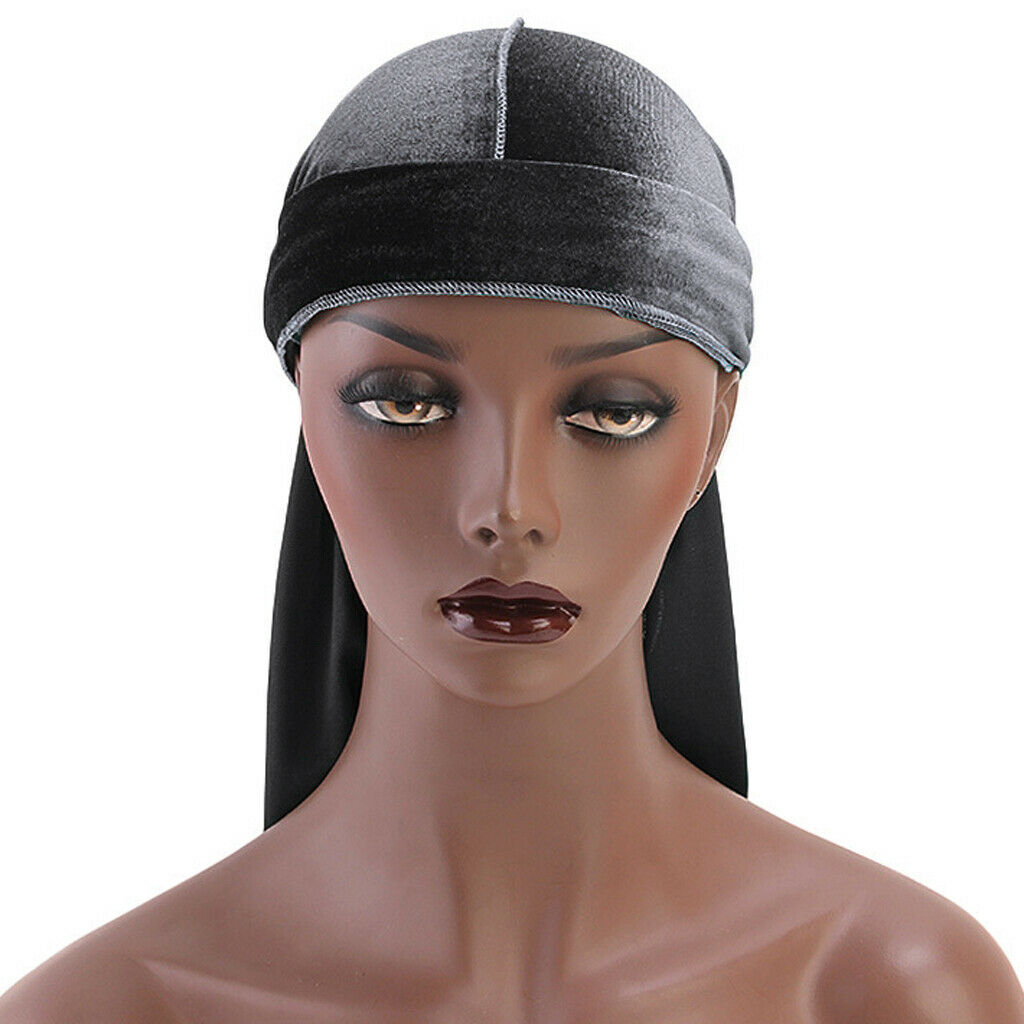 Women Mens Velvet Bandana Hat Durag Long-Tail Headwear Pirate   Gray