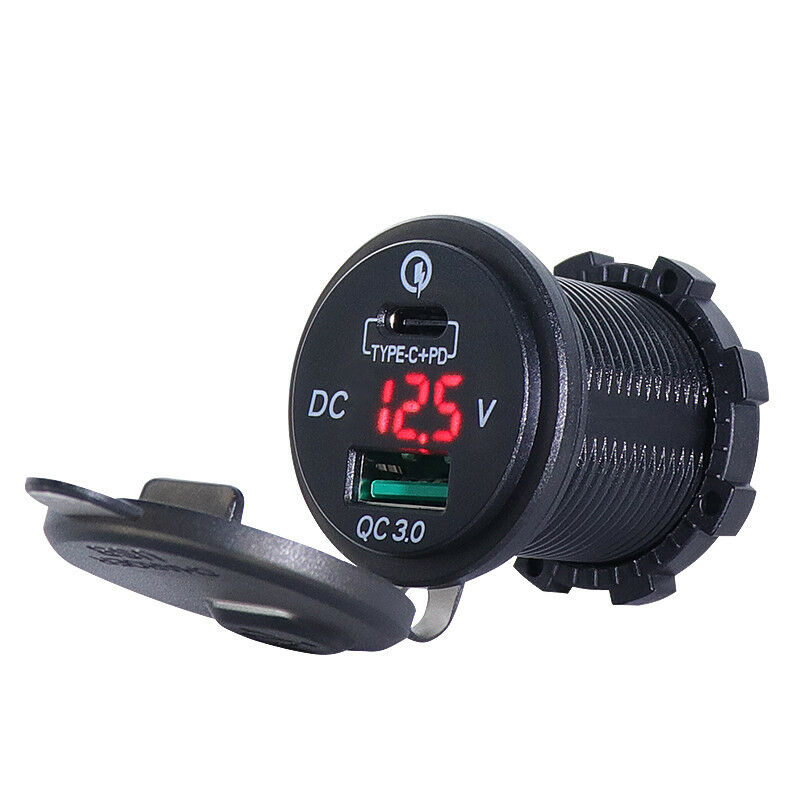Universal Motorcycle QC3.0 USB +Type-C Ports LED Digital PD Fast Charger Adapter