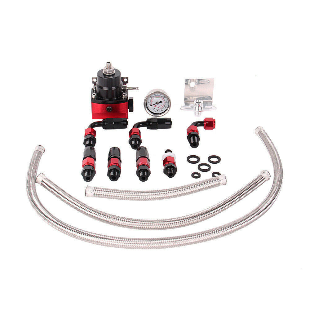 Universal Fuel Pressure Regulator+Gauge+AN6 Fuel Line Hose+Fitting Black+Red Kit
